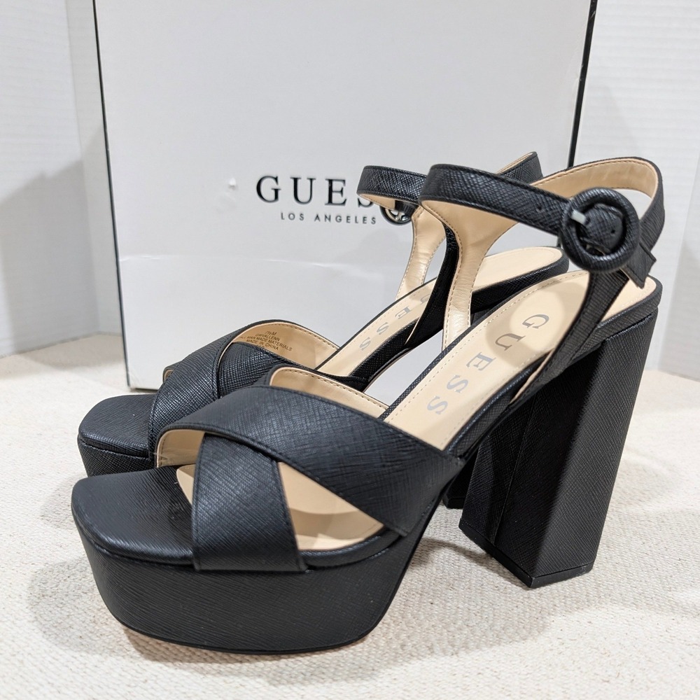 Guess Vallenn Black Platform Block Heel Sandals Square Toe Ankle Strap 7.5 NIB